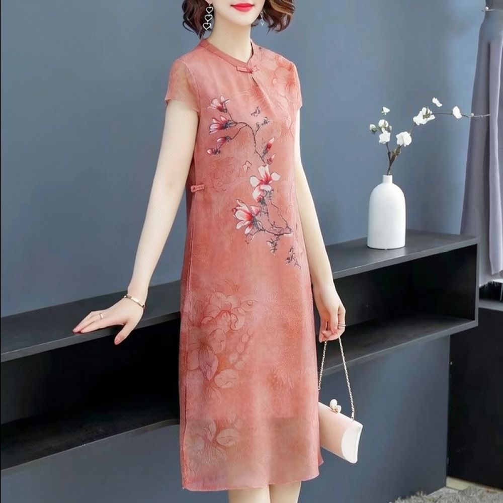 Midi Skirt Floral - Summer Chiffon Floral Dress Elegant Cheongsam